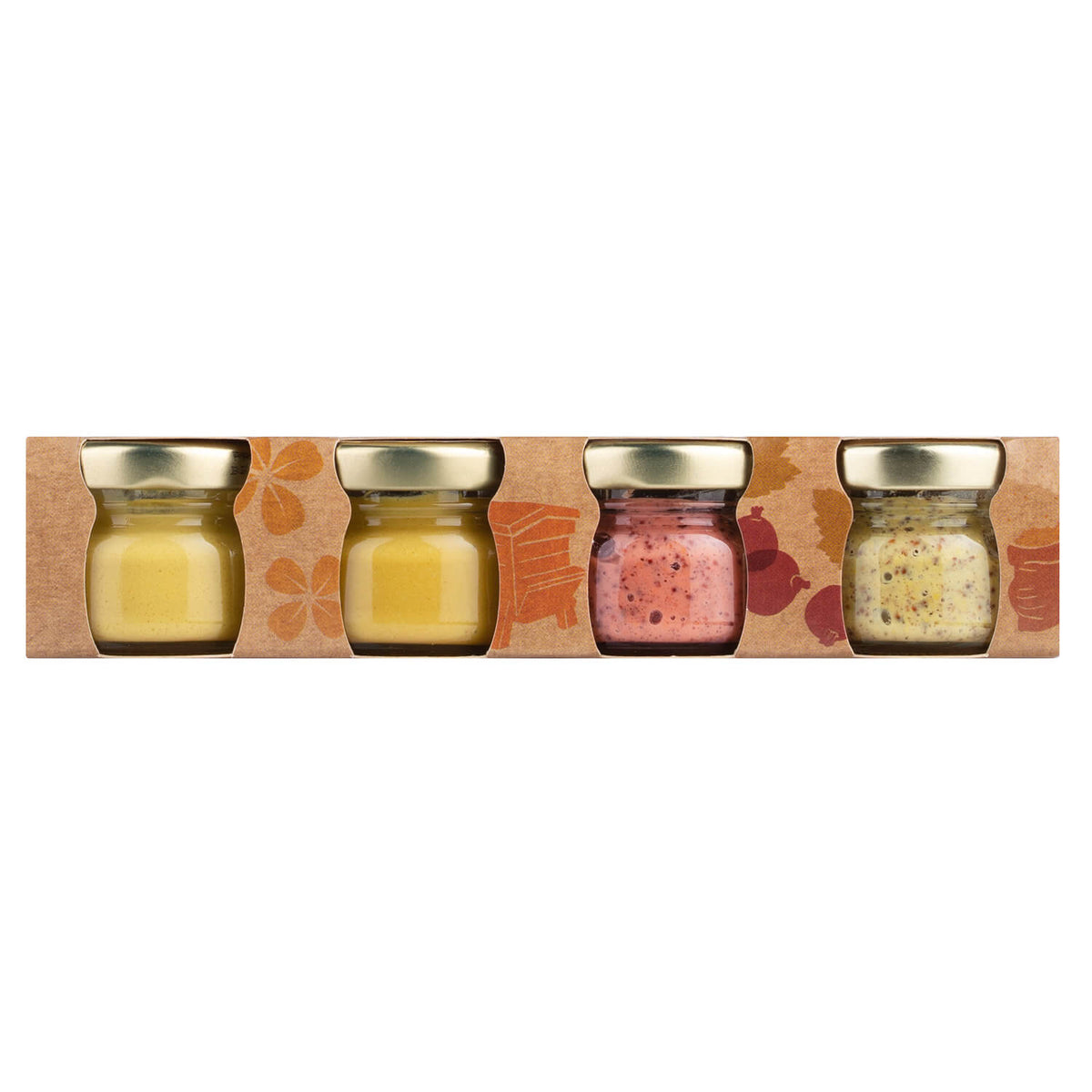 Das Dijon-Senf Probier-Set von Edmond Fallot (4 x 25g) von Fallot, Bourgogne, besteht aus vier kleinen Gläsern mit goldenen Deckeln, jedes mit einer anderen Senfsorte, elegant verpackt in einem dekorativen Kartonhalter.