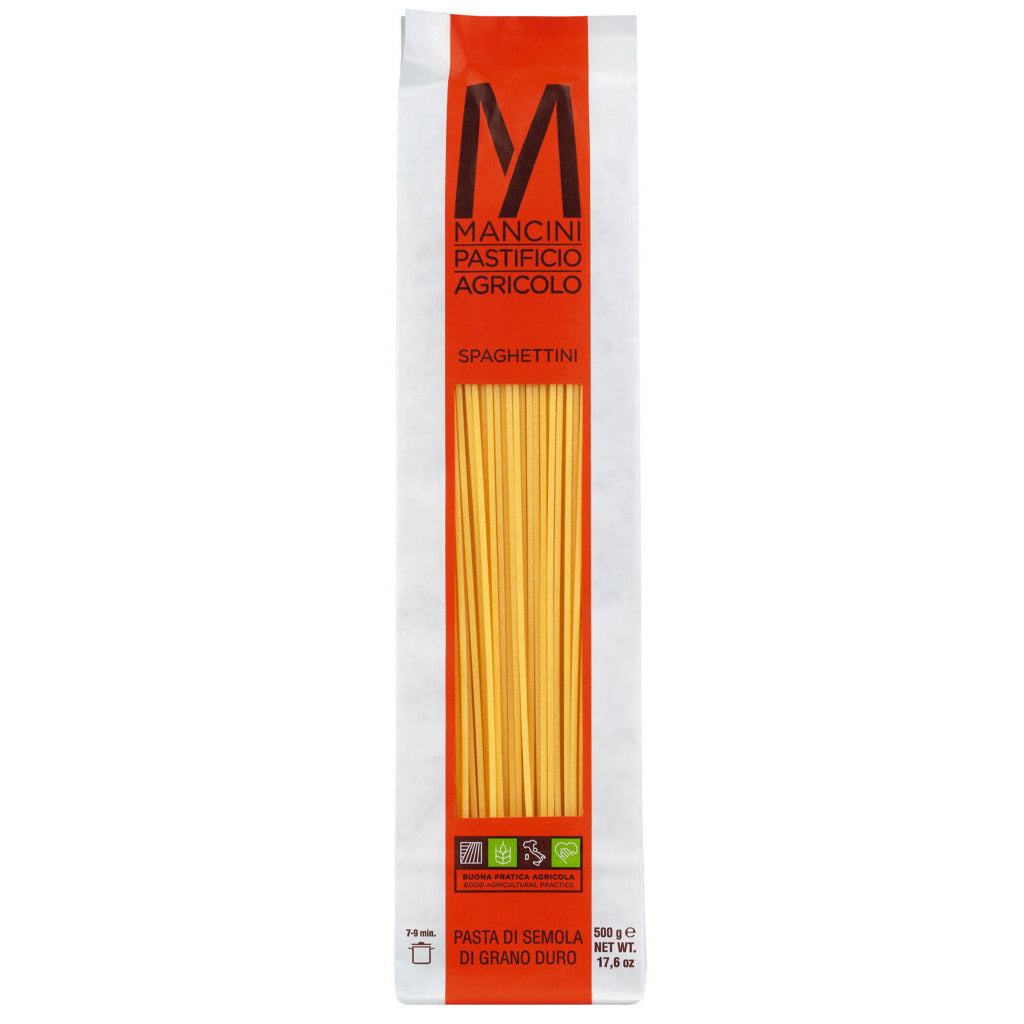 Eine 500-g-Packung Pasta Mancini Spaghettini Hartweizennudeln mit einem Klarsichtfenster, das die feinen Nudelstränge im Inneren sichtbar macht.