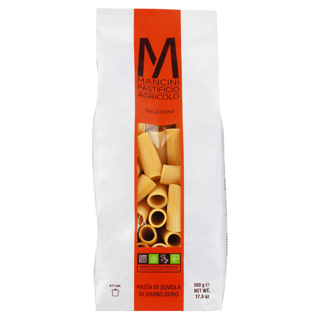 Ein 500-g-Beutel Rigatoni Hartweizennudeln von Pasta Mancini mit einem Klarsichtfenster, in dem die Nudeln sichtbar sind.