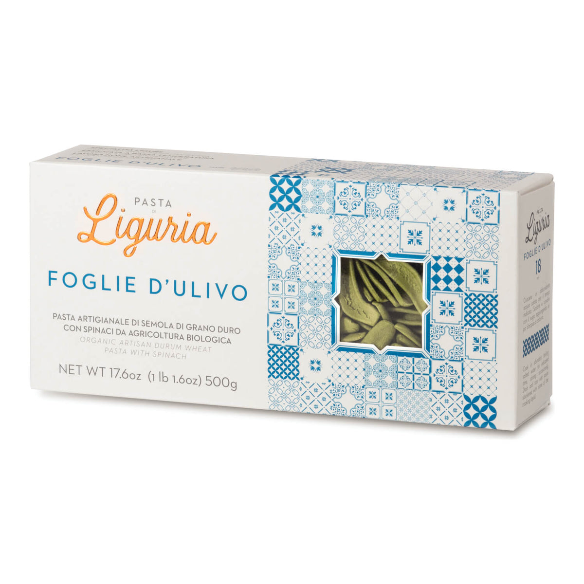 Schachtel Pasta di Liguria Foglie Nudeln aus Hartweizengrieß mit Spinat Bio, 500 g, mit gemustertem Motiv und Sichtfenster für die Nudeln.
