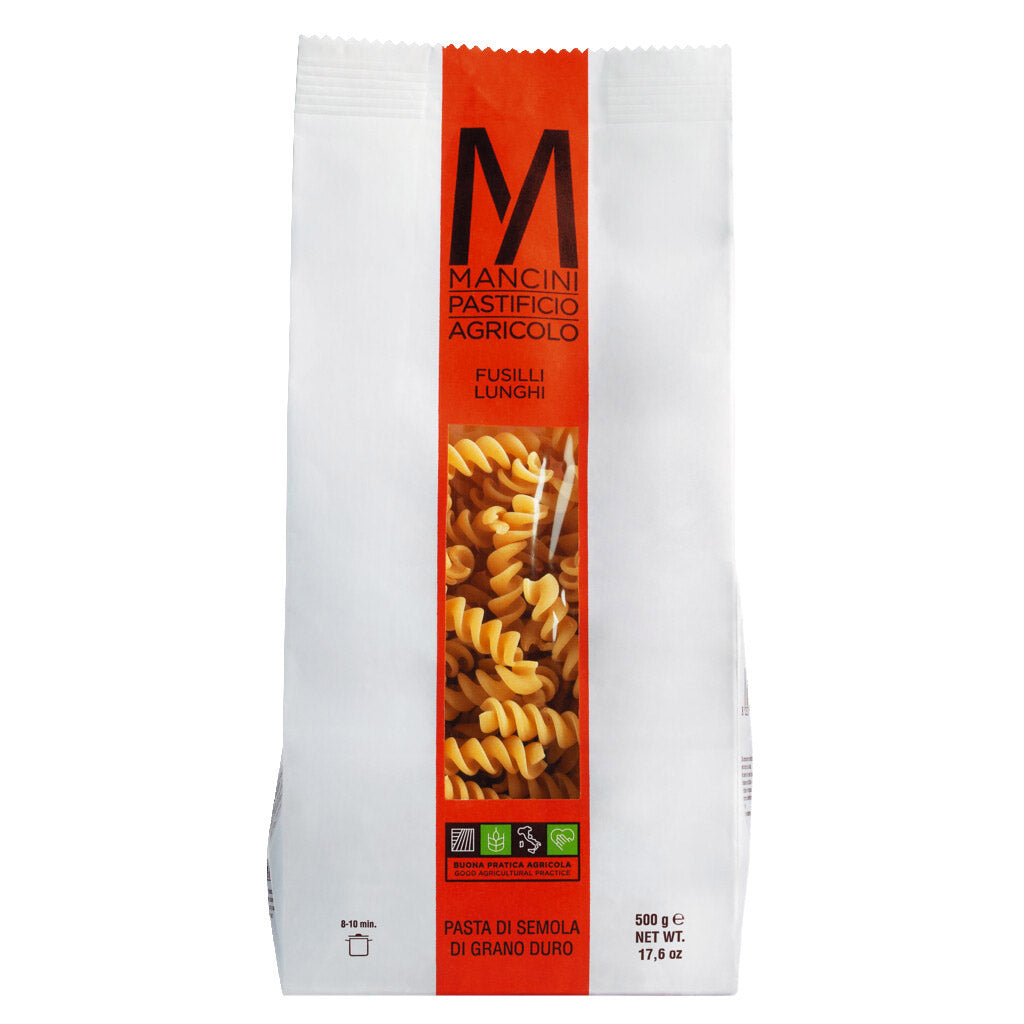 Ein weißer 500-g-Beutel Pasta Mancini Fusilli Lunghi Hartweizennudeln mit einem Klarsichtfenster, das den Blick auf die Spiralnudeln im Inneren freigibt.