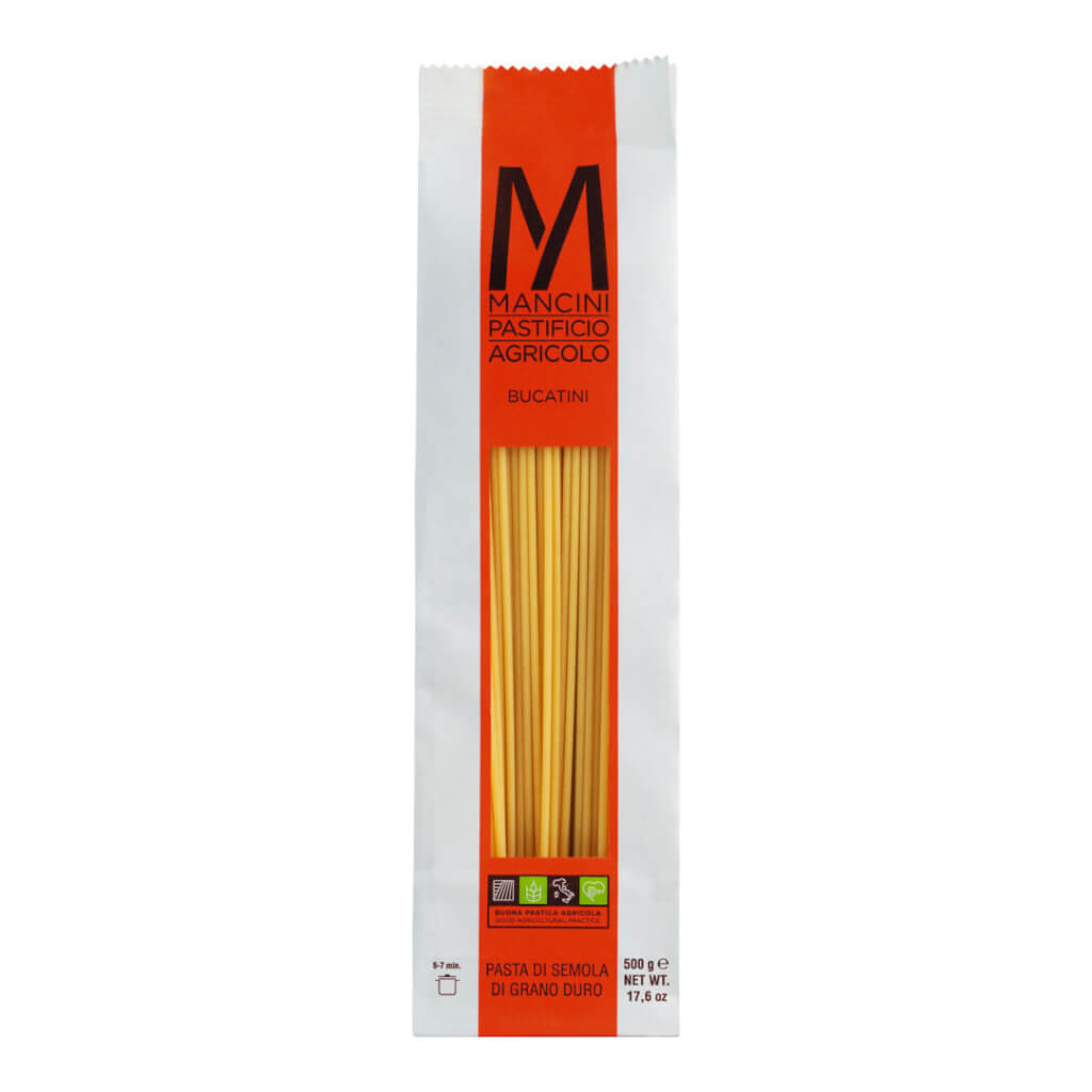 Eine 500g Packung Bucatini Hartweizennudeln von Pasta Mancini von der Marke Pasta Mancini.