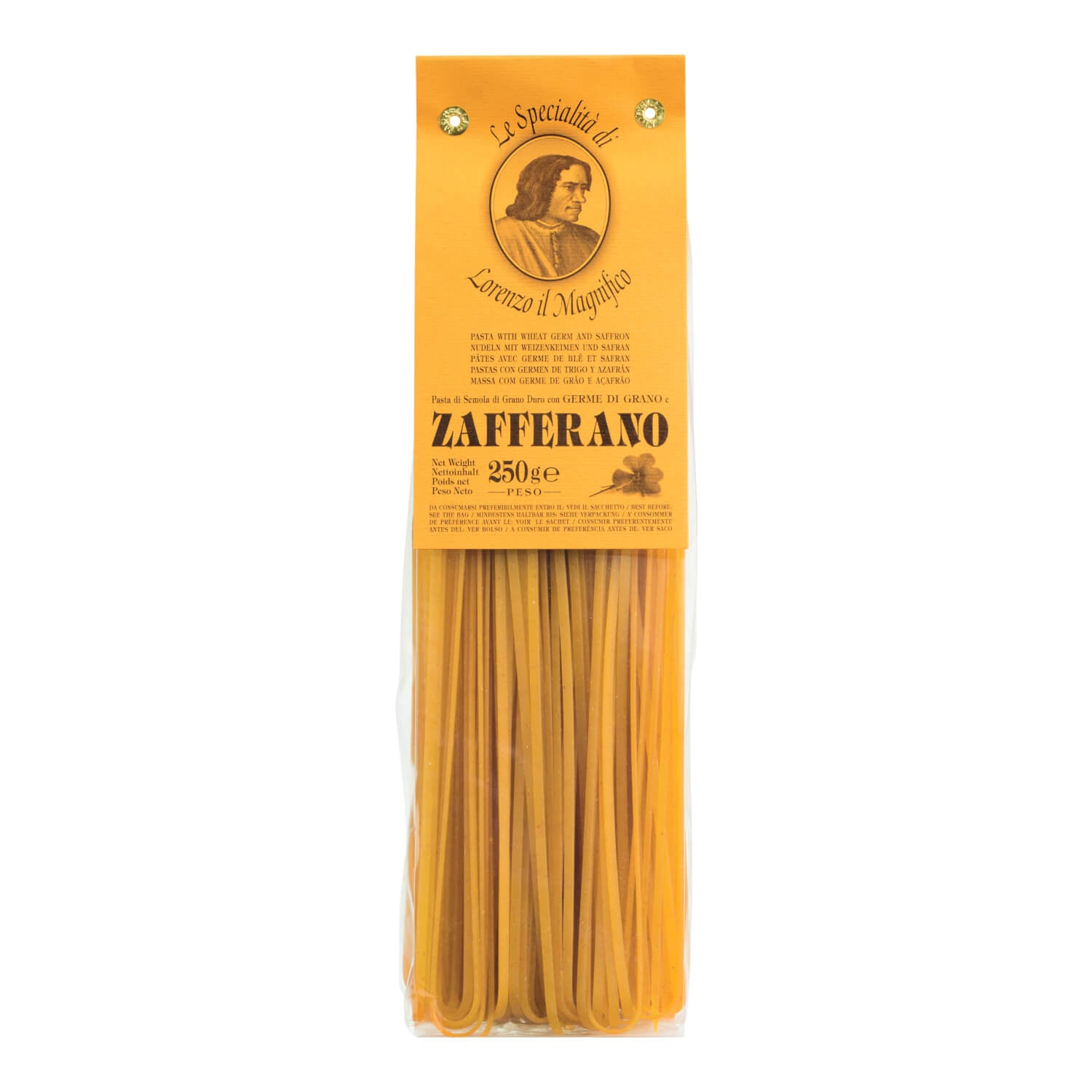 Eine 250-g-Packung Lorenzo il Magnifico Linguine von Safran mit einem orangefarbenen Etikett mit Porträtdarstellung.