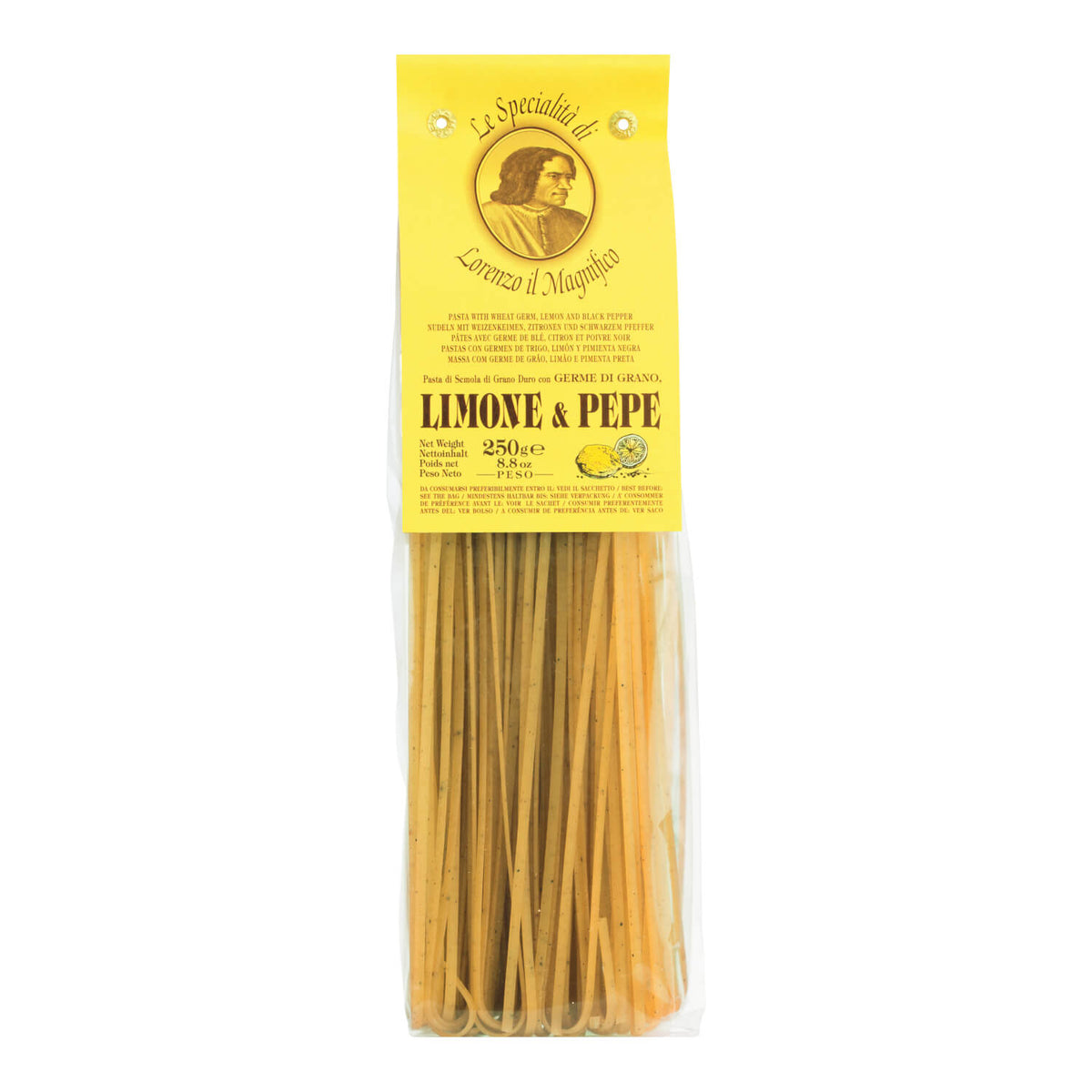 Ein durchsichtiger Beutel mit Linguine mit Limone & Pfeffer von Magnifico (250 g) von Lorenzo il Magnifico, mit einem gelben Etikett mit einem Vintage-Porträt.