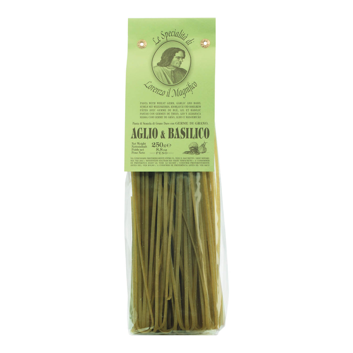 Eine 250-g-Packung Lorenzo il Magnifico Grüne Linguine mit Knoblauch und Basilikum, mit grünem Etikett und sichtbarer Pasta im Inneren.