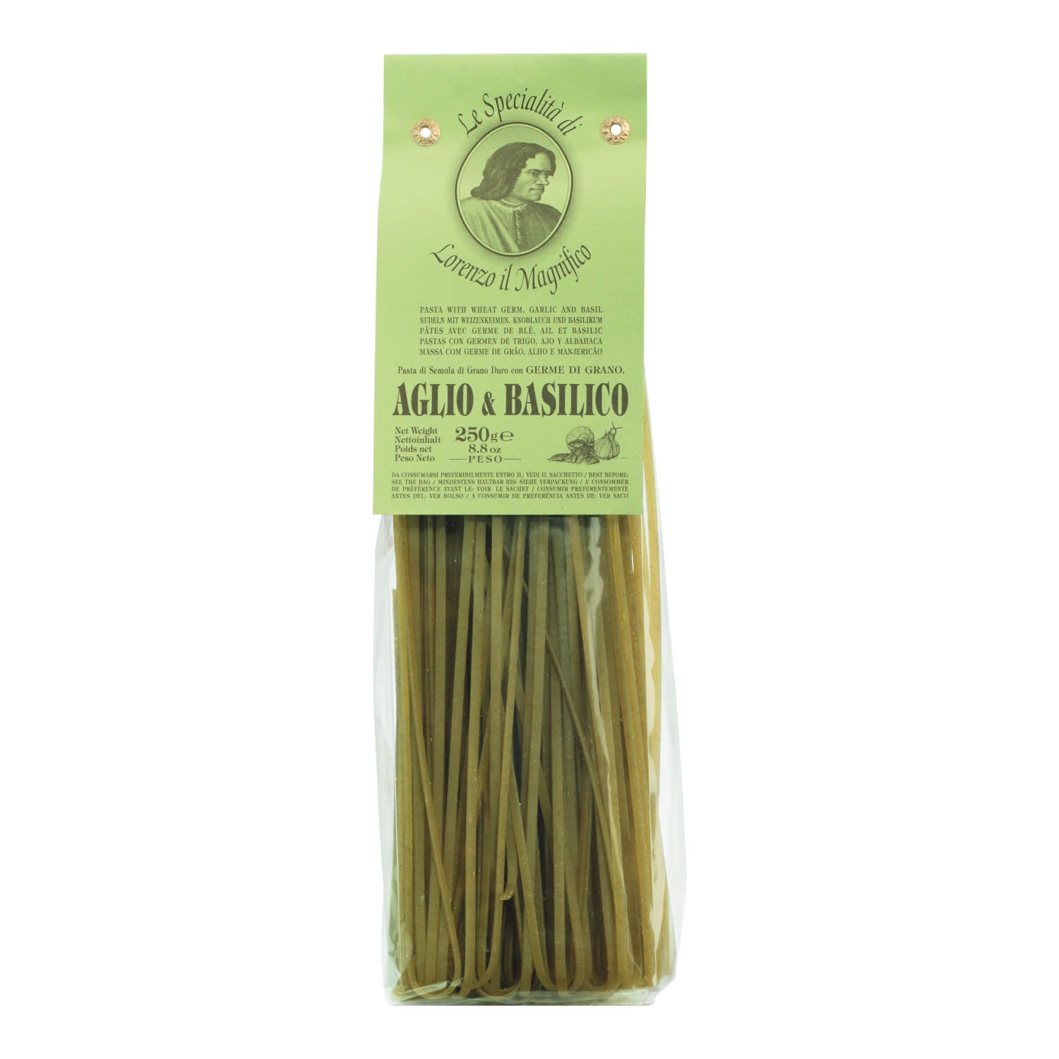 Eine 250-g-Packung Lorenzo il Magnifico Grüne Linguine mit Knoblauch und Basilikum, mit grünem Etikett und sichtbarer Pasta im Inneren.
