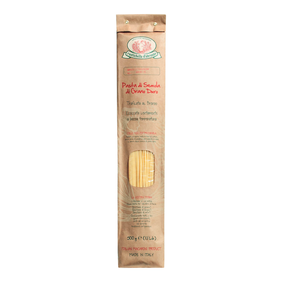 Braune Papierverpackung von Rustichella d'Abruzzo Spaghetti Lunghi - ca. 1 m lange Hartweizennudeln (500 g) - mit italienischem Text und einem kleinen Fenster, das den Blick auf die Nudeln im Inneren freigibt.