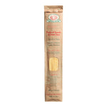 Braune Papierverpackung von Rustichella d'Abruzzo Spaghetti Lunghi - ca. 1 m lange Hartweizennudeln (500 g) - mit italienischem Text und einem kleinen Fenster, das den Blick auf die Nudeln im Inneren freigibt.