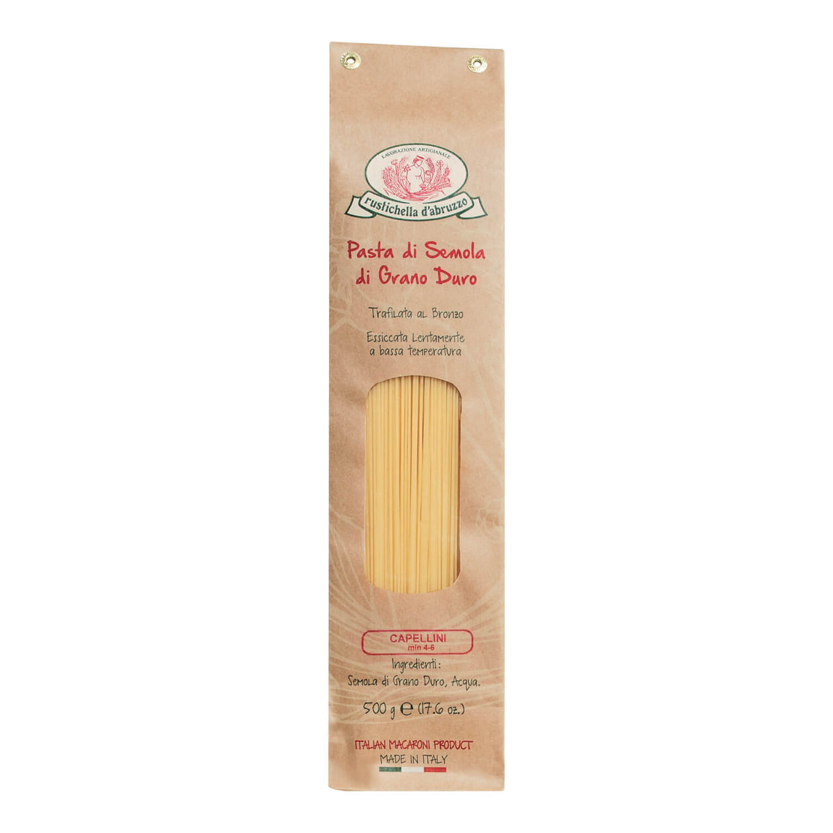 Eine 500-g-Packung Capellini Hartweizennudeln von Rustichella d'Abruzzo S.p.A. mit einem Sichtfenster, das den Blick auf das Innere der Nudeln freigibt.