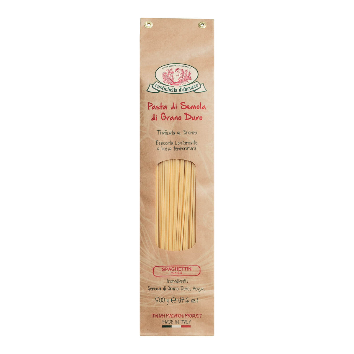 Eine 500g-Packung Spaghettini Hartweizennudeln von Rustichella by Rustichella d'Abruzzo S.p.A., sichtbar durch ein Klarsichtfenster auf einer braunen Papiertüte.