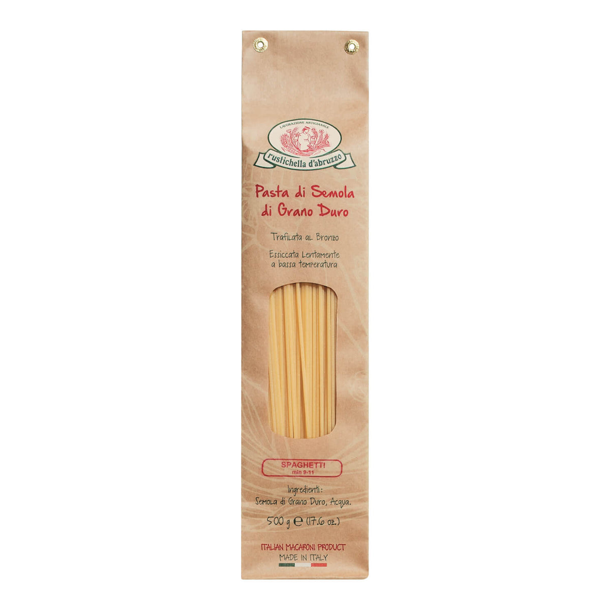 Eine 500-g-Schachtel Spaghetti Hartweizennudeln von Rustichella d'Abruzzo S.p.A., verpackt in einer hellbraunen Schachtel mit einem durchsichtigen Fenster, in dem die Nudeln zu sehen sind.