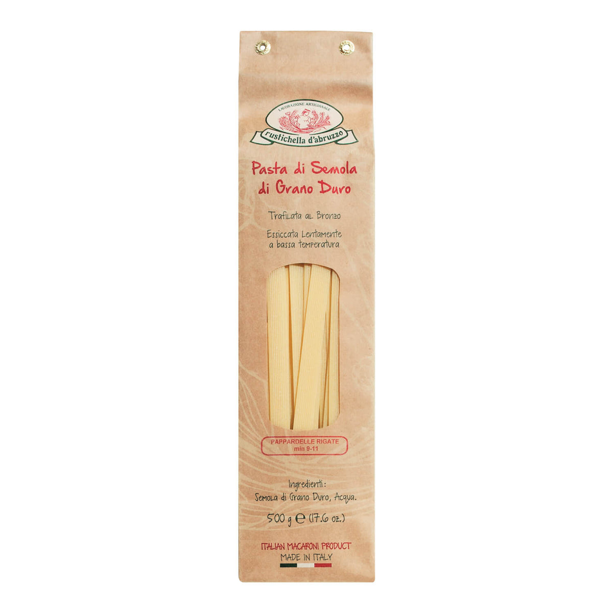 Die braune Papierverpackung der Rustichella d'Abruzzo Pappardelle Rigate Hartweizennudeln (500 g) weist ein kleines Fenster auf, das den Blick auf die italienischen Trockennudeln freigibt.