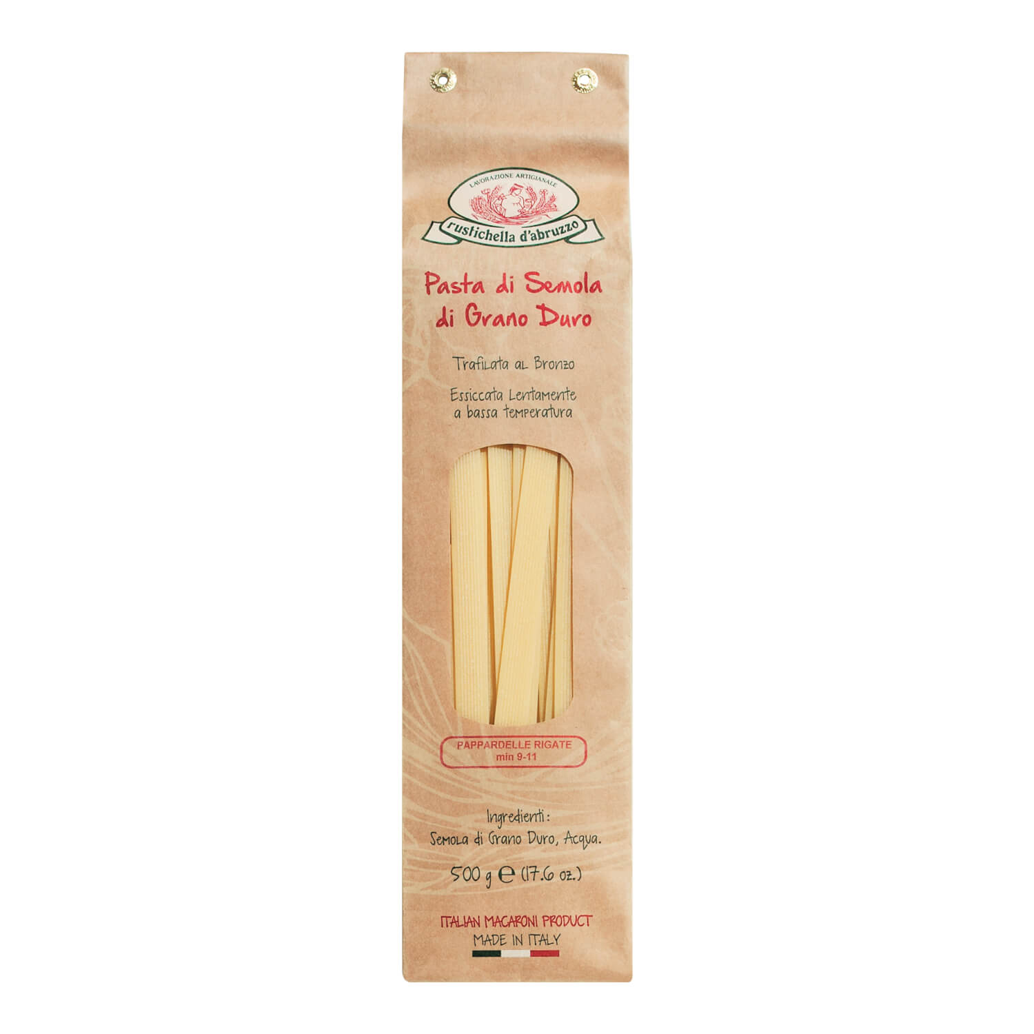 Die braune Papierverpackung der Rustichella d'Abruzzo Pappardelle Rigate Hartweizennudeln (500 g) weist ein kleines Fenster auf, das den Blick auf die italienischen Trockennudeln freigibt.
