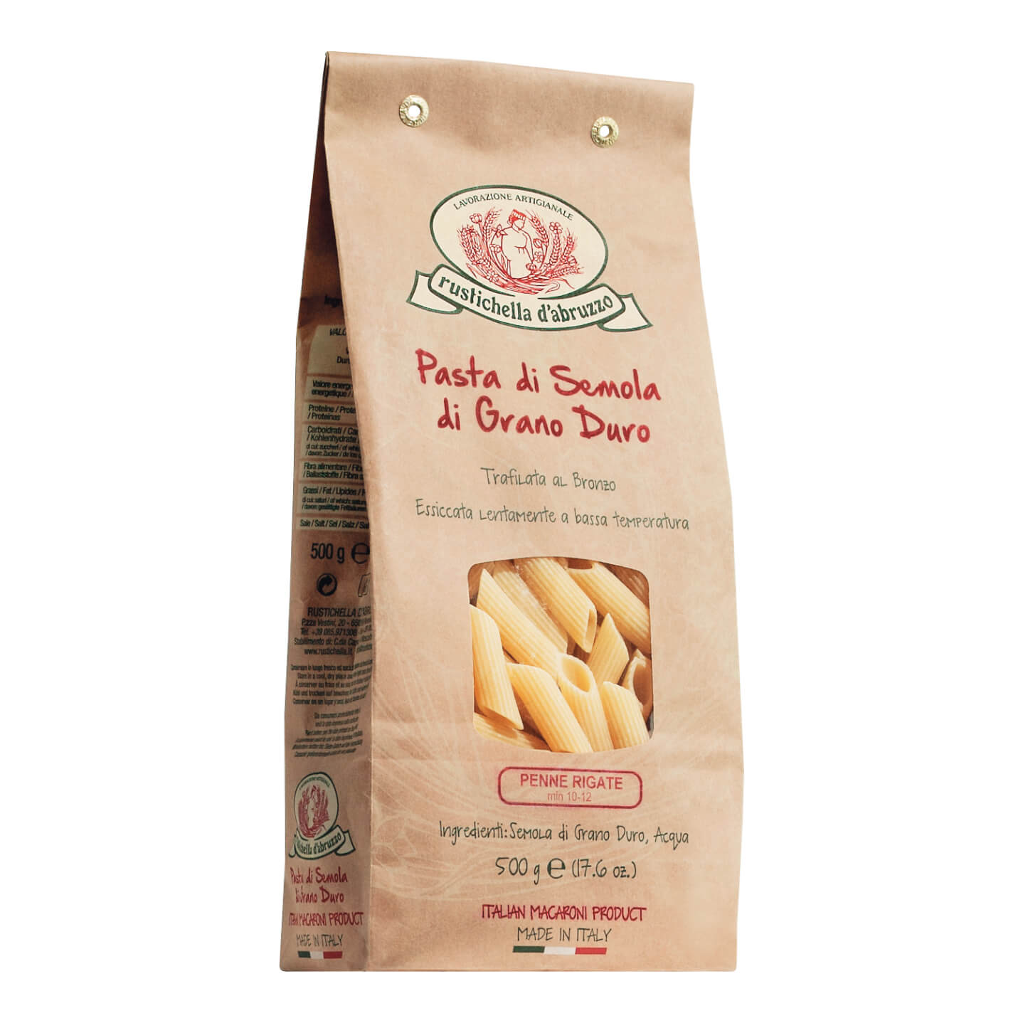 Ein 500g Beutel Penne Rigate Hartweizennudeln von Rustichella d'Abruzzo S.p.A., hergestellt aus Hartweizengrieß.