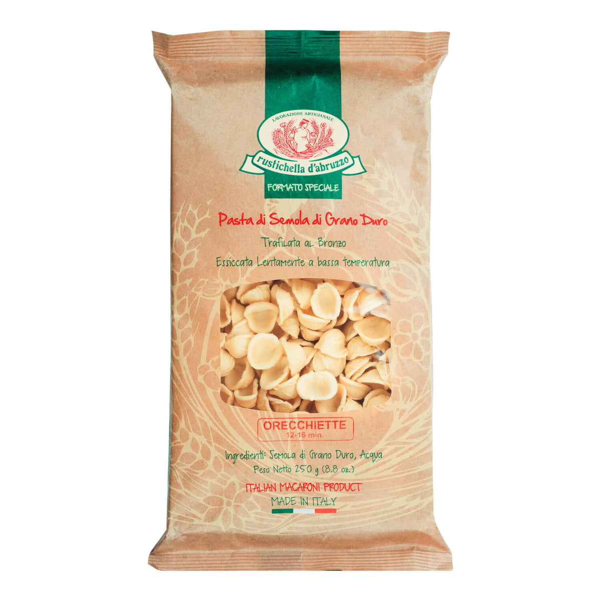 Eine 250-g-Packung Rustichella d'Abruzzo S.p.A. Orecchiette Hartweizennudeln.