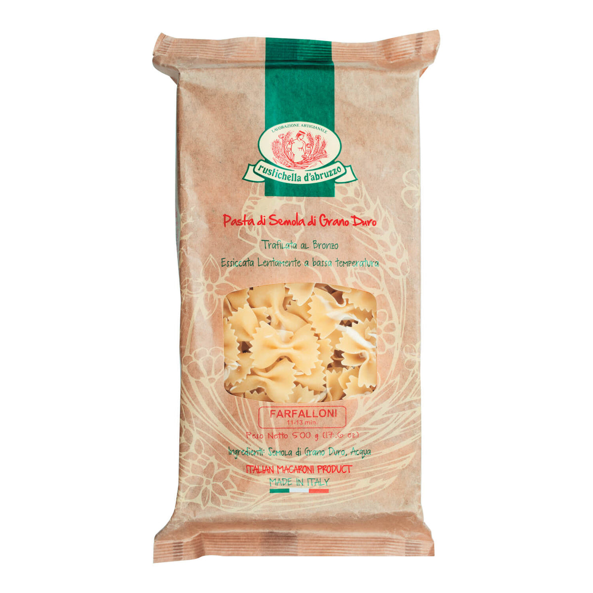 Eine 500-g-Packung Rustichella d'Abruzzo Farfalloni Hartweizennudeln ist in einer braunen Tüte mit grüner und roter Aufschrift verpackt und hat die Form einer Schleife.