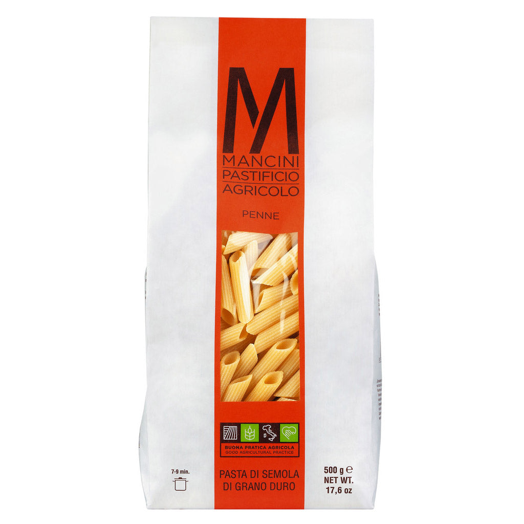 Penne Rigate Hartweizennudeln von Pasta Mancini, 500 g - weiße Verpackung mit orangefarbenem Etikett und Pasta-Abbildung, italienischer Text.