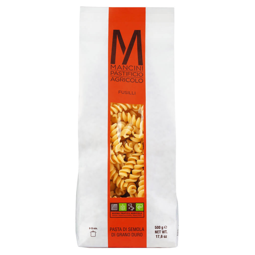 Ein 500-g-Beutel Pasta Mancini Fusilli Hartweizennudeln mit einem durchsichtigen Fenster, in dem die Nudeln sichtbar sind.