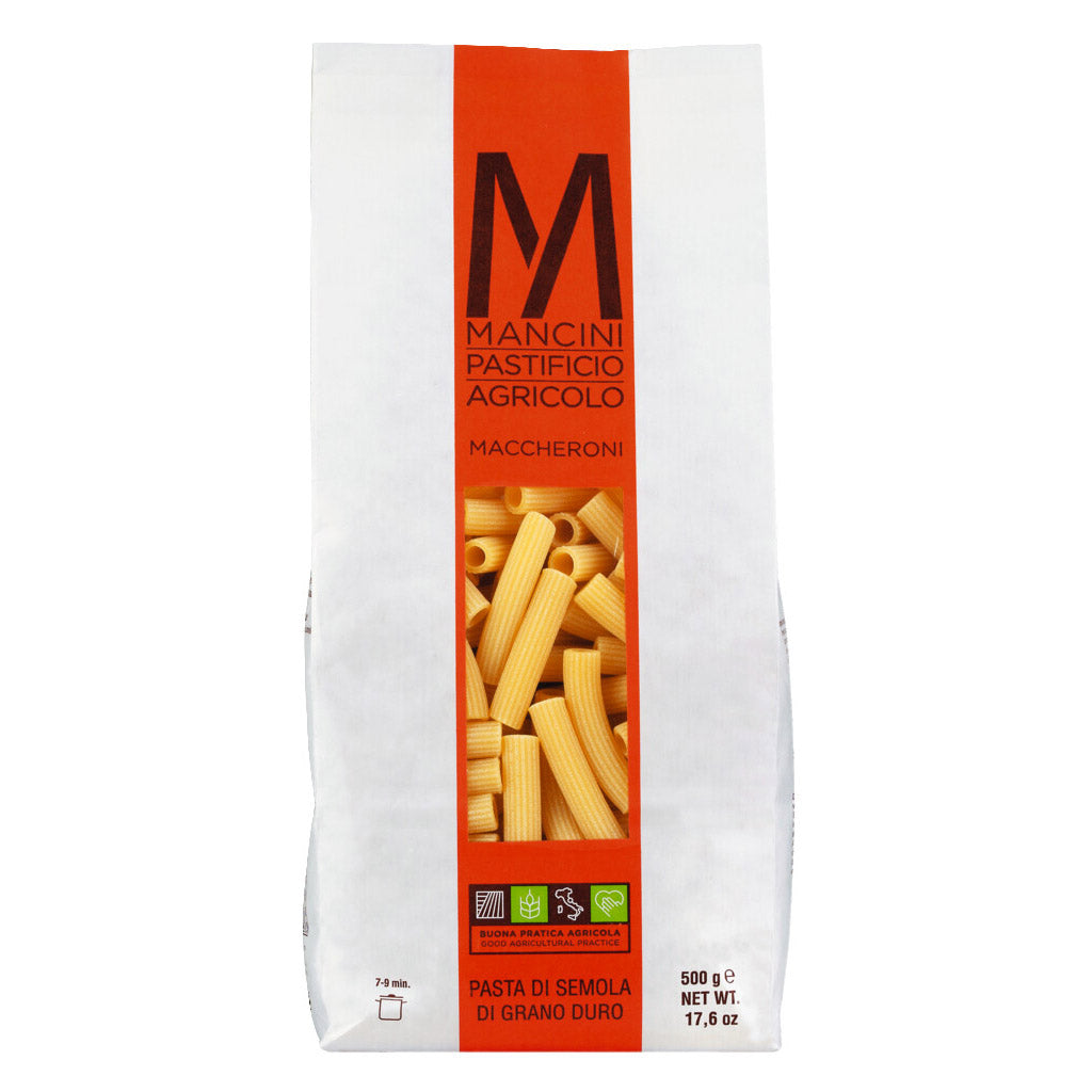 Ein 500-g-Beutel Maccheroni Hartweizennudeln von Pasta Mancini mit einem Fenster, in dem die Nudeln angezeigt werden.
