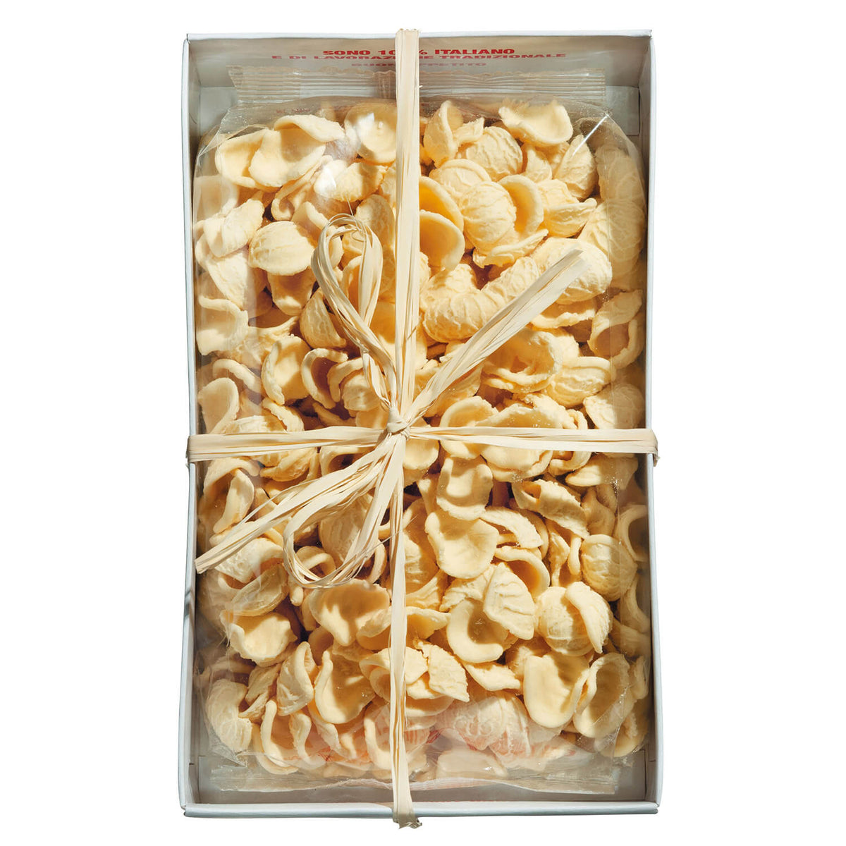 Eine 500-g-Schachtel Don Antonio srl Orecchiette aus Hartweizengrieß, gebunden mit Bastband, von oben gesehen.