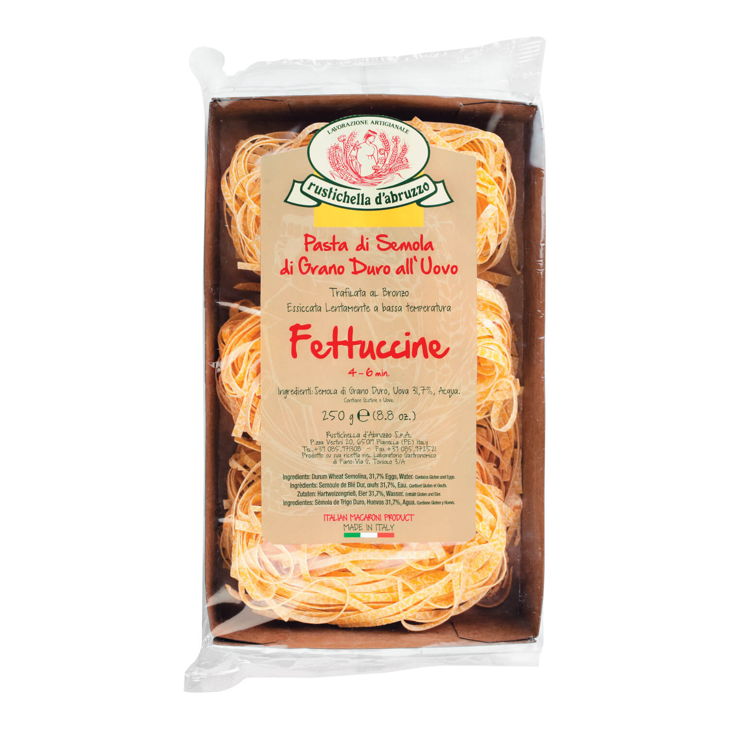 Eine 250 g Packung Fettuccine alluovo Eiernudeln von Rustichella by Rustichella d'Abruzzo S.p.A., hergestellt aus Hartweizengrieß und Ei.