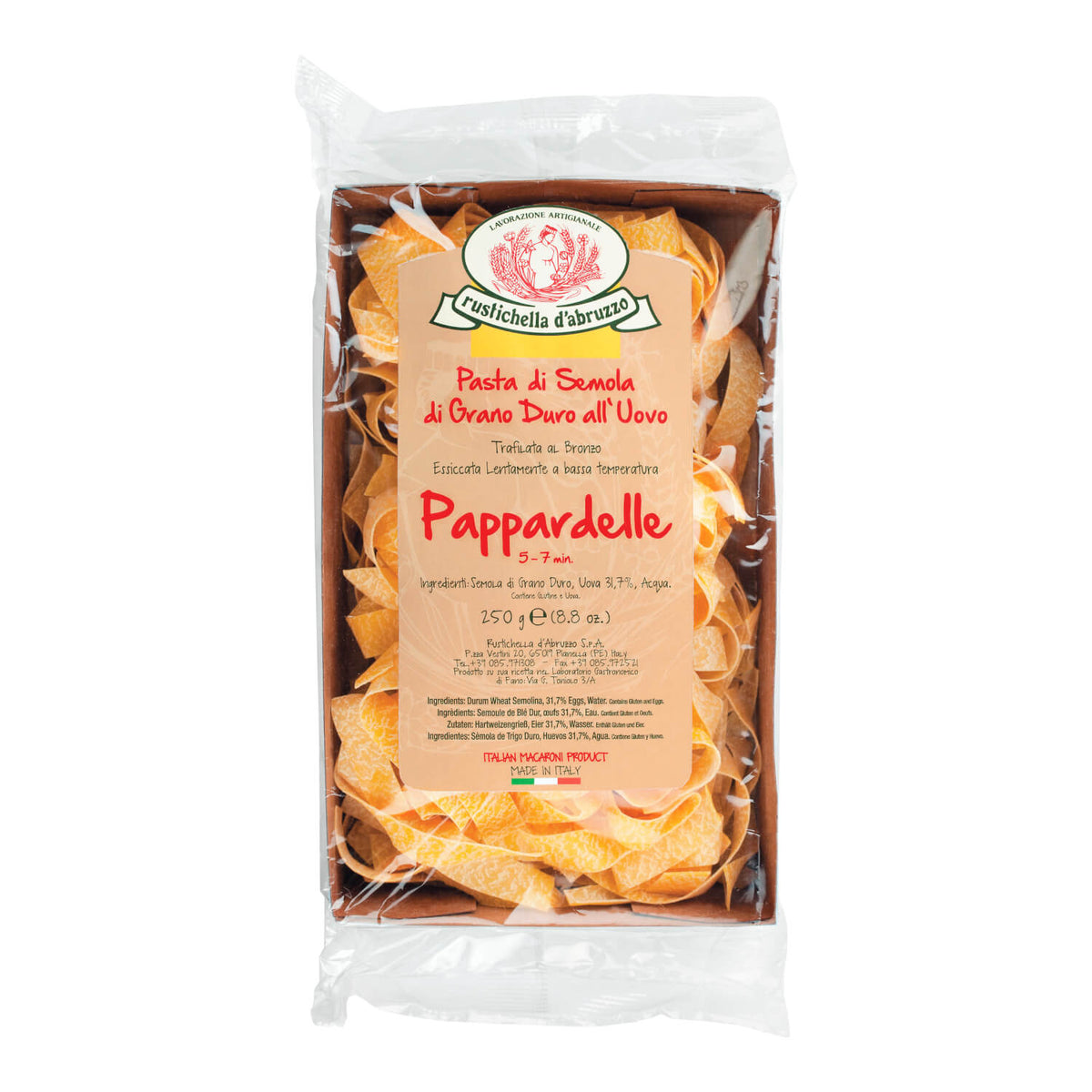 Eine durchsichtige Verpackung von Rustichella d'Abruzzo S.p.A. Pappardelle all uovo Eiernudel, 250 g, mit italienischer Aufschrift auf der Vorderseite.