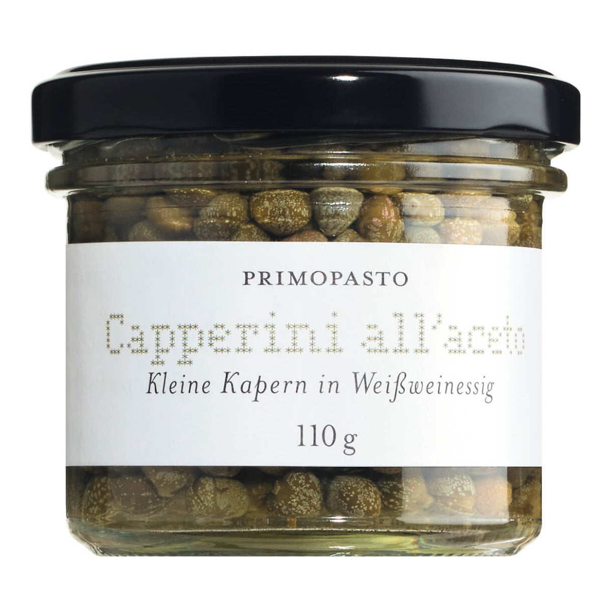 Ein 110-g-Glas mit Primopasto Kleine Kapern in Weinessig - kleine Kapern in Weißweinessig.