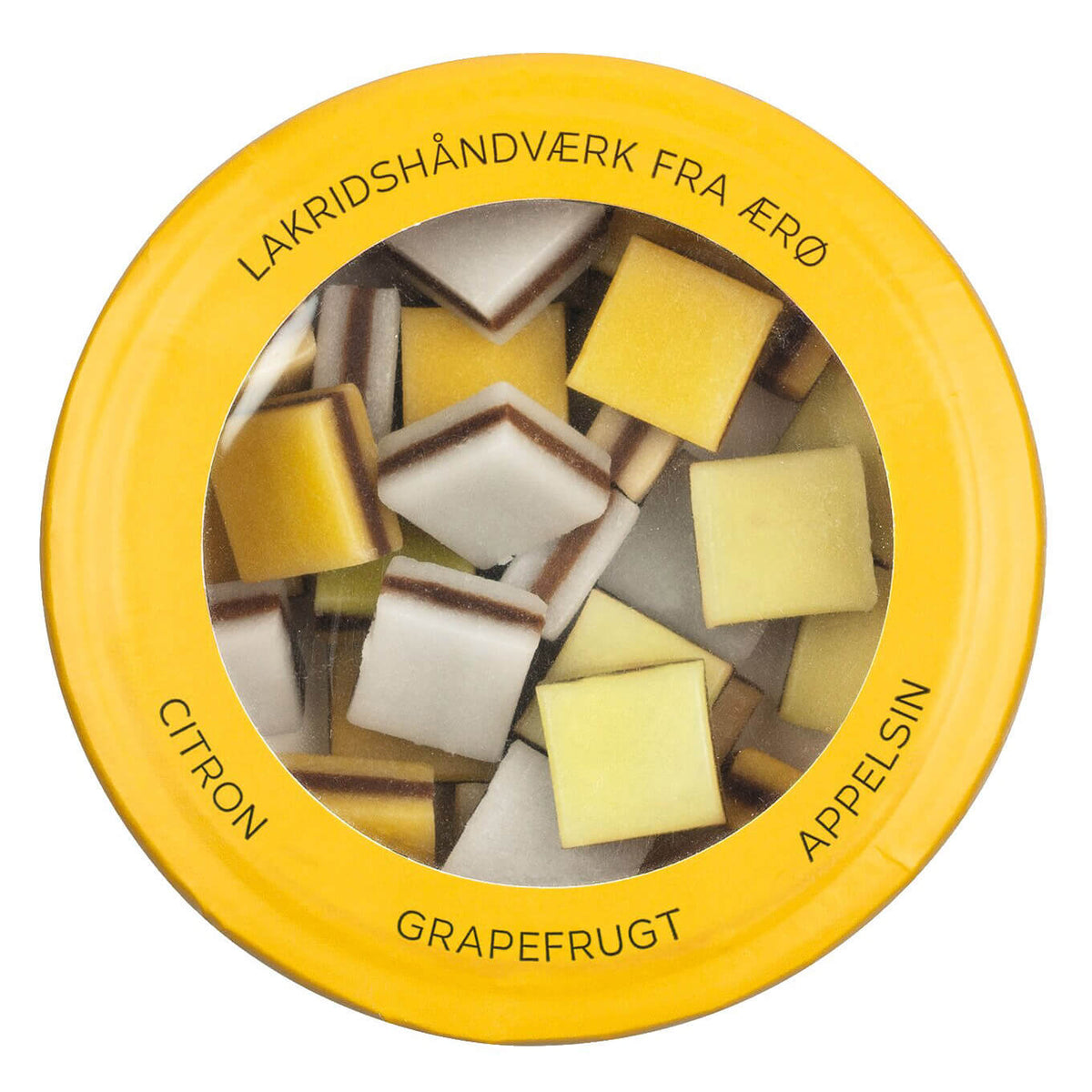 Hattesens Konfektfabrik Lakritz mit Zitrone, Orange und Grapefruit, 125 g: Runde gelbe Dose mit durchsichtigem Deckel mit quadratischen Bonbons in Weiß, Gelb und Orange; dänischer Text am Rand.