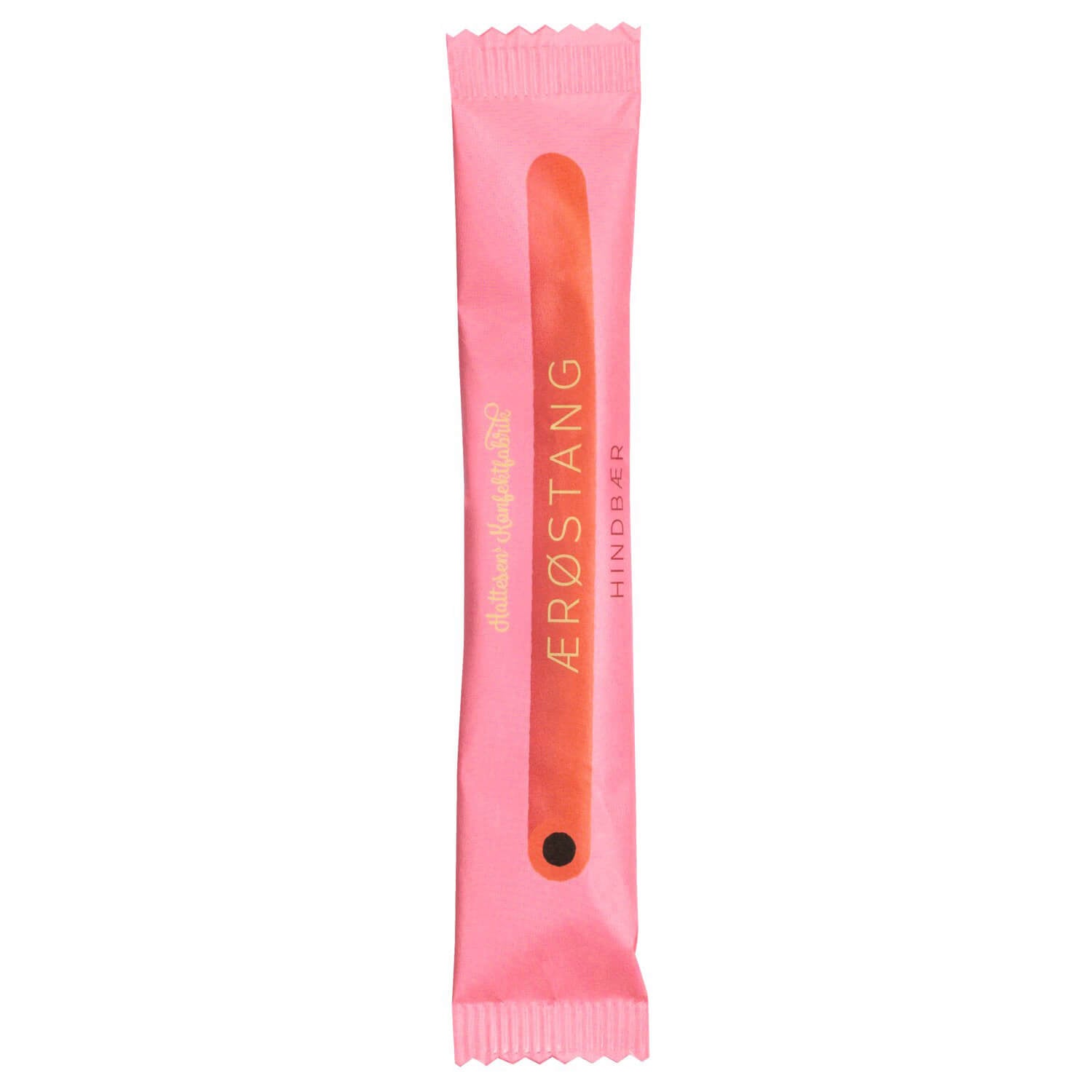 Ein rosafarben verpackter 27g-Snack mit der Aufschrift "Lakritzstange mit Himbeergeschmack" von Hattesens Konfektfabrik, mit orangefarbener und goldener Schrift.
