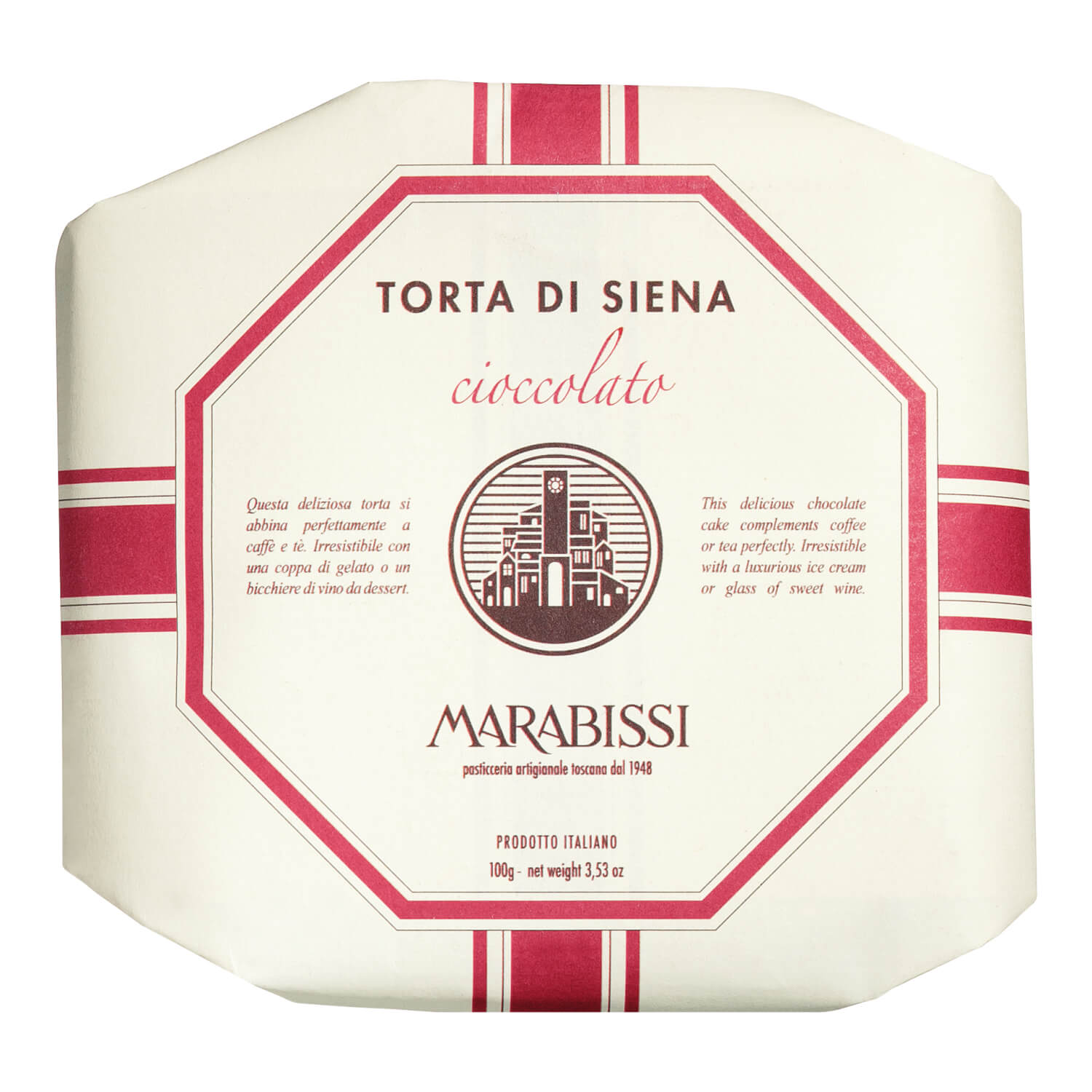 Achteckige Verpackung von Marabissi S.R.L. Torta al cioccolato - Panforte mit Schokolade, 100 g, mit roten Streifen und zweisprachigem englisch-italienischem Text.