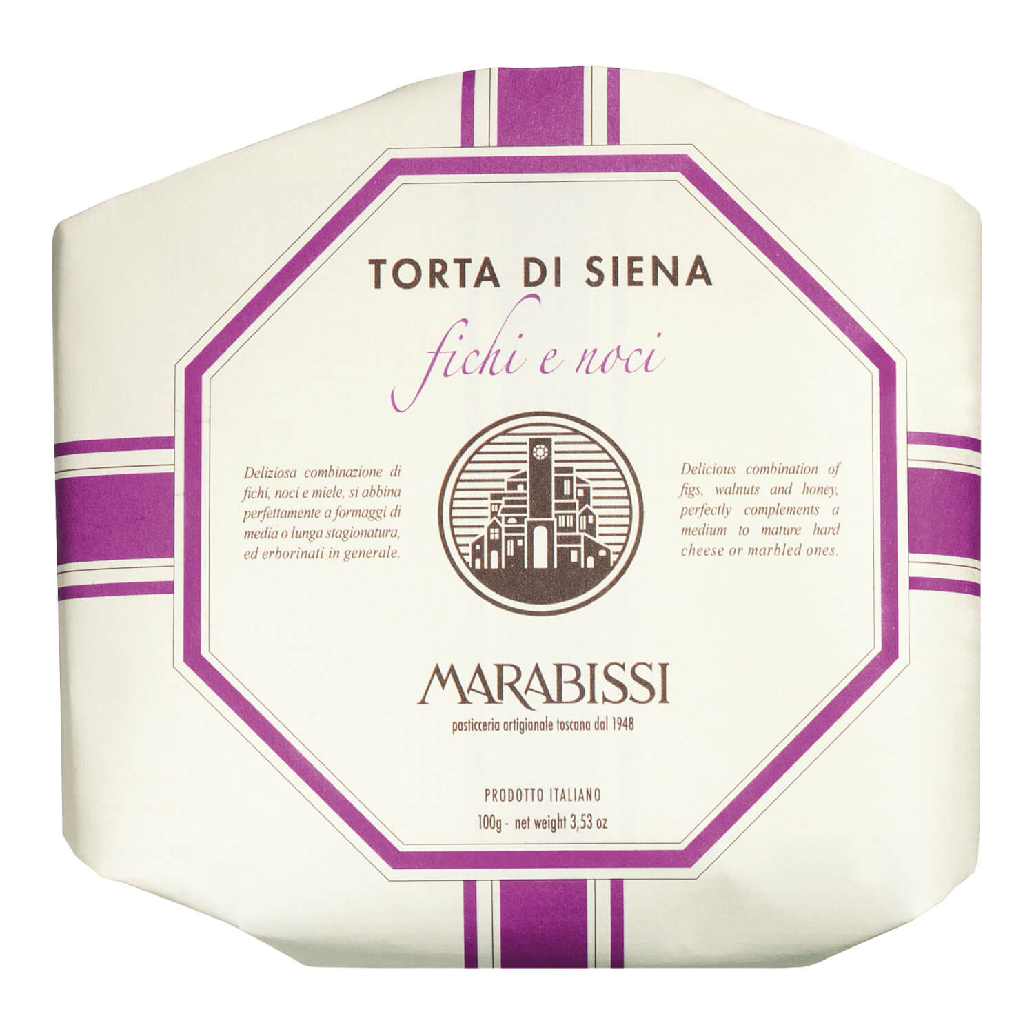 Sechseckige Verpackung von Marabissi S.R.L. Torta Fichi e Noci - Panforte mit Feigen & Walnüssen, 100 g, mit lila Streifen und italienischem Text auf dem Etikett.