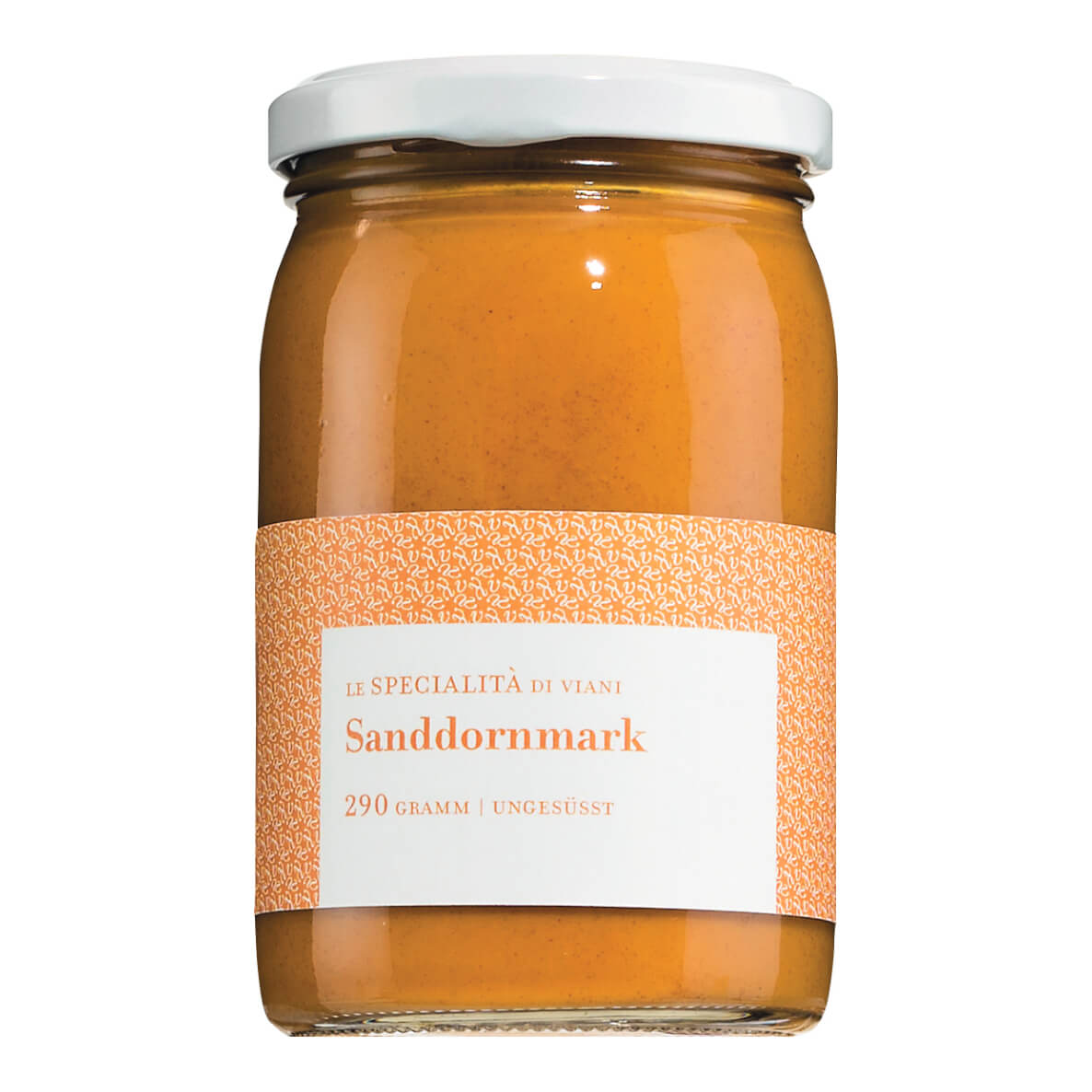 Ein Glas mit Le Specialità di Viani Sanddornmark ungesüßt 100% Frucht, 290 g, mit weißem Deckel und orange-weißem Etikett auf der Vorderseite.