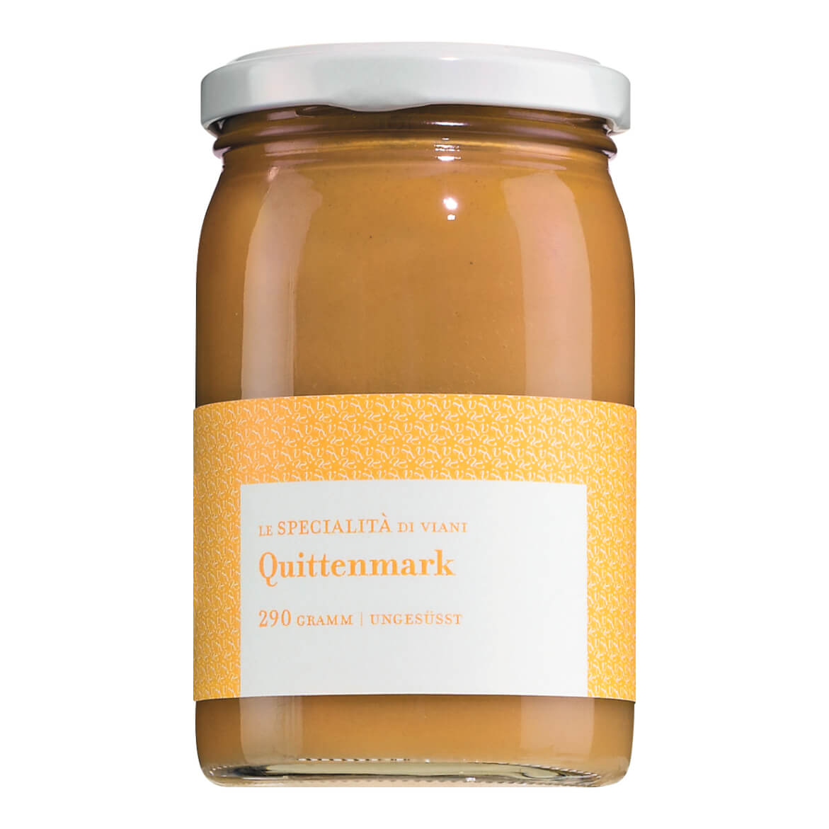 Ein 290-g-Glas mit Le Specialità di Viani Quittenmark ungesüßt 100% Frucht, mit weißem Deckel und gelbem Etikett.