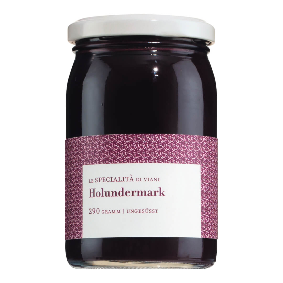 Ein 290-g-Glas mit weißem Deckel und violettem Etikett: Le Specialità di Viani Holundermark ungesüßt 100% Frucht Holunderpüree.