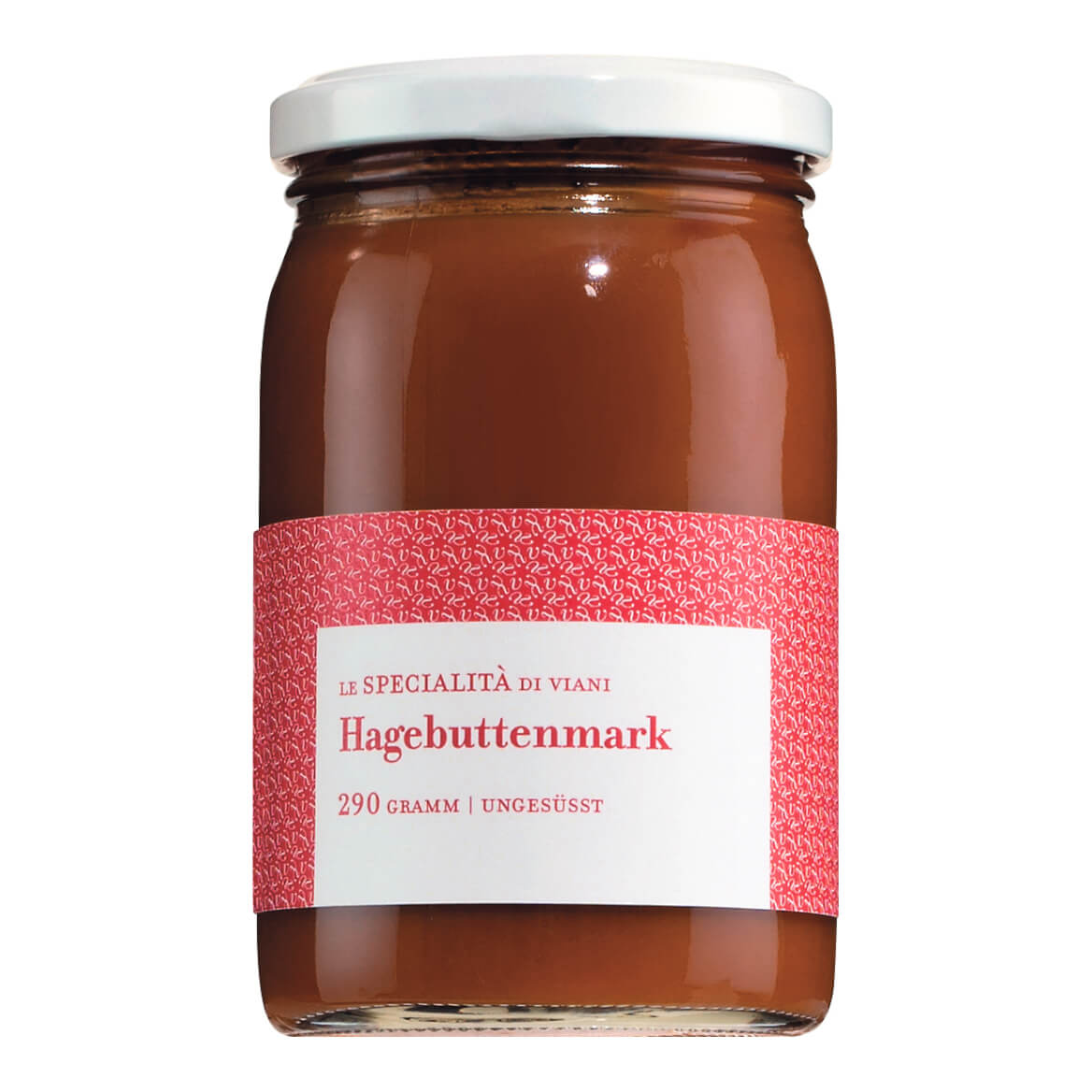 Ein 290g-Glas mit weißem Deckel und rotem Etikett: Le Specialità di Viani Hagebuttenmark ungesüßt 100% Frucht Hagebuttenaufstrich.