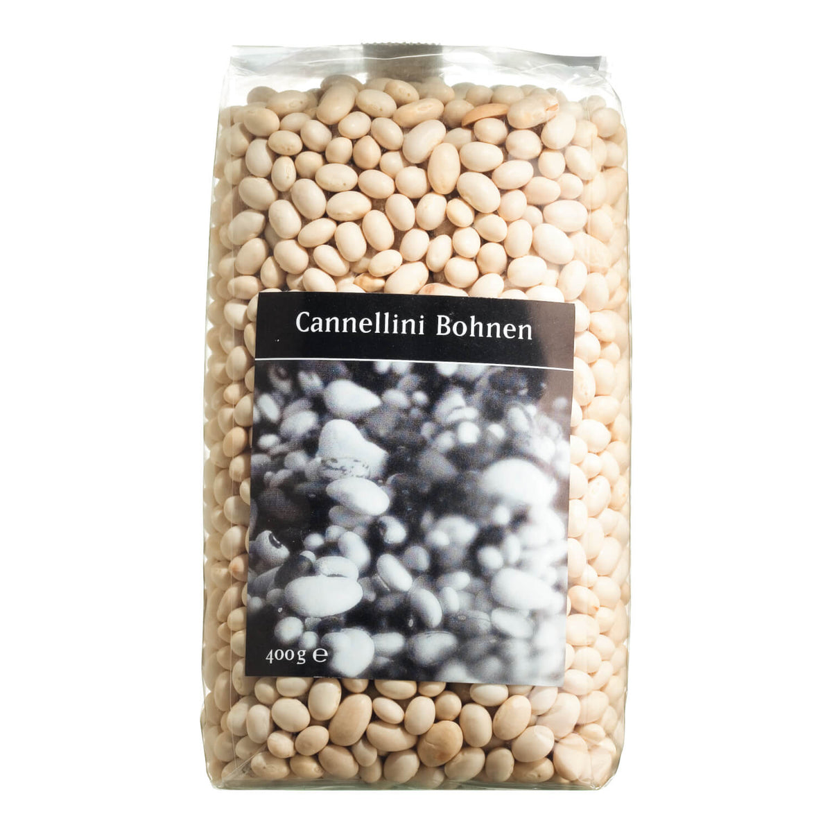 Eine durchsichtige Tüte Viani & Co. Cannellini Bohnen weiß, 400 g, mit einem schwarz-weißen Bild der Bohnen auf dem Etikett.