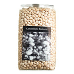 Eine durchsichtige Tüte Viani & Co. Cannellini Bohnen weiß, 400 g, mit einem schwarz-weißen Bild der Bohnen auf dem Etikett.
