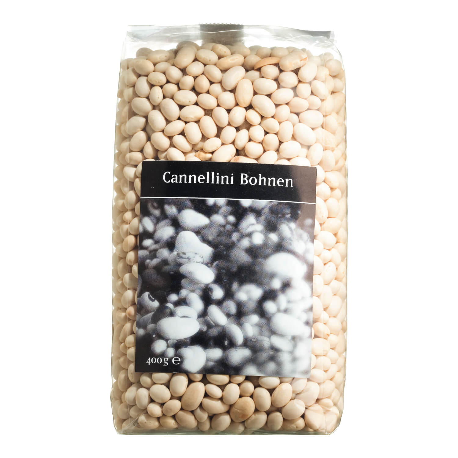 Eine durchsichtige Tüte Viani & Co. Cannellini Bohnen weiß, 400 g, mit einem schwarz-weißen Bild der Bohnen auf dem Etikett.