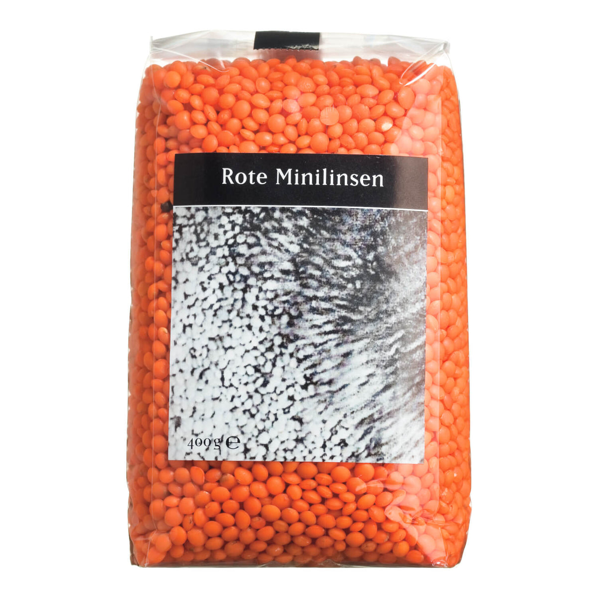 Ein durchsichtiger Plastikbeutel mit Viani & Co. Rote Minilinsen, 400 g, mit einer schwarz-weißen Grafik.