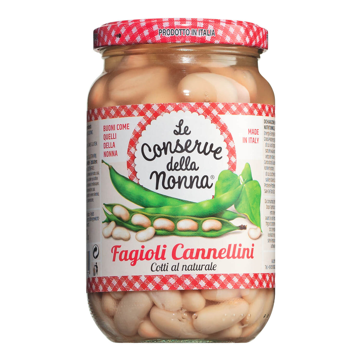 Ein 360-g-Glas mit Le conserve della nonna s.r.l. Cannellini - weiße Bohnen in Salzlake, mit rot kariertem Deckel und italienischem Etikett.