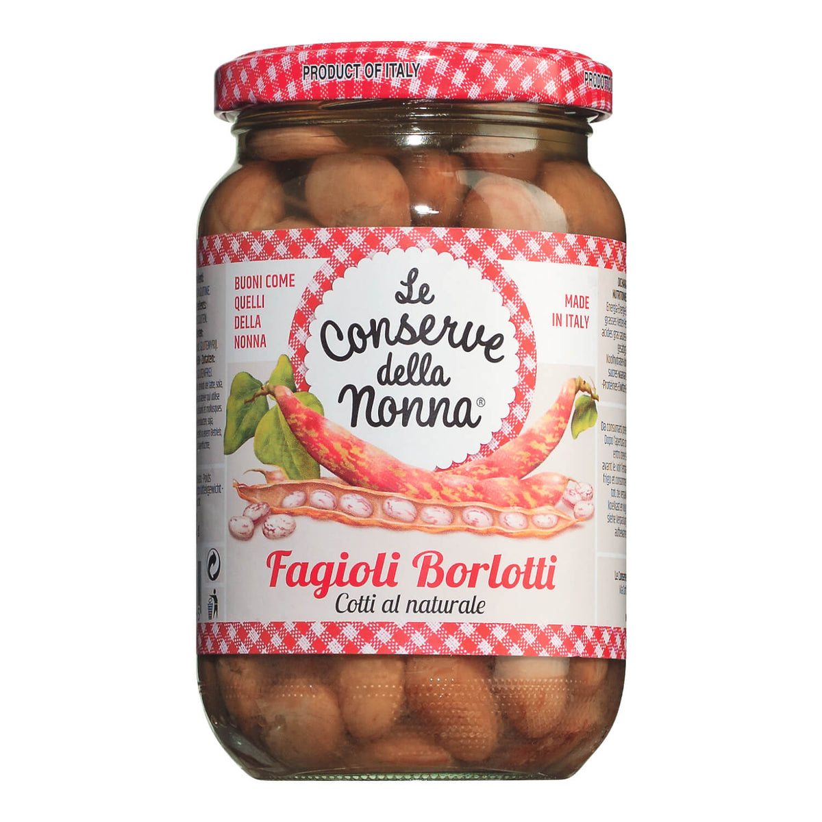 Ein 360-g-Glas von Le conserve della nonna s.r.l. Borlotti Bohnen - Wachtelbohnen in Salzlake mit italienischem Etikett und rot kariertem Deckel.