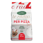 Ein 1 kg Sack Molino Favero Pizzamehl Tipo 00 - Für die perfekte Pizza, mit italienischem Text und einem Pizzabild auf der Verpackung.