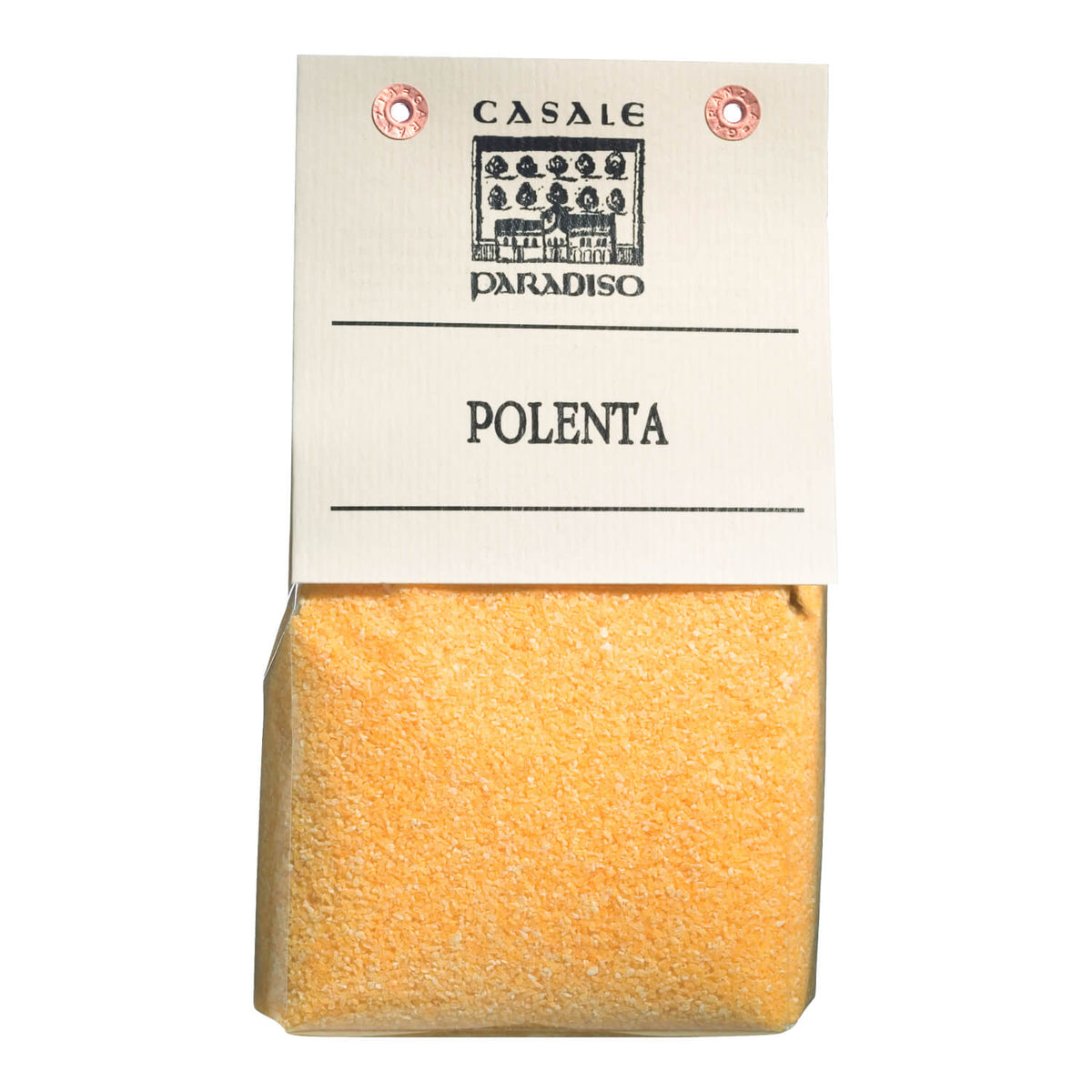 Eine durchsichtige Packung Polenta classica von Casale Paradiso (300 g) mit einem weißen Etikett auf der Oberseite, von der Marke Casale Paradiso.