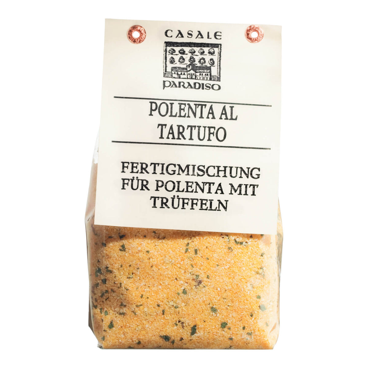 Eine 300-g-Packung Casale Paradiso Polenta al tartufo, eine Polentamischung mit Trüffelgeschmack von Casale Paradiso.