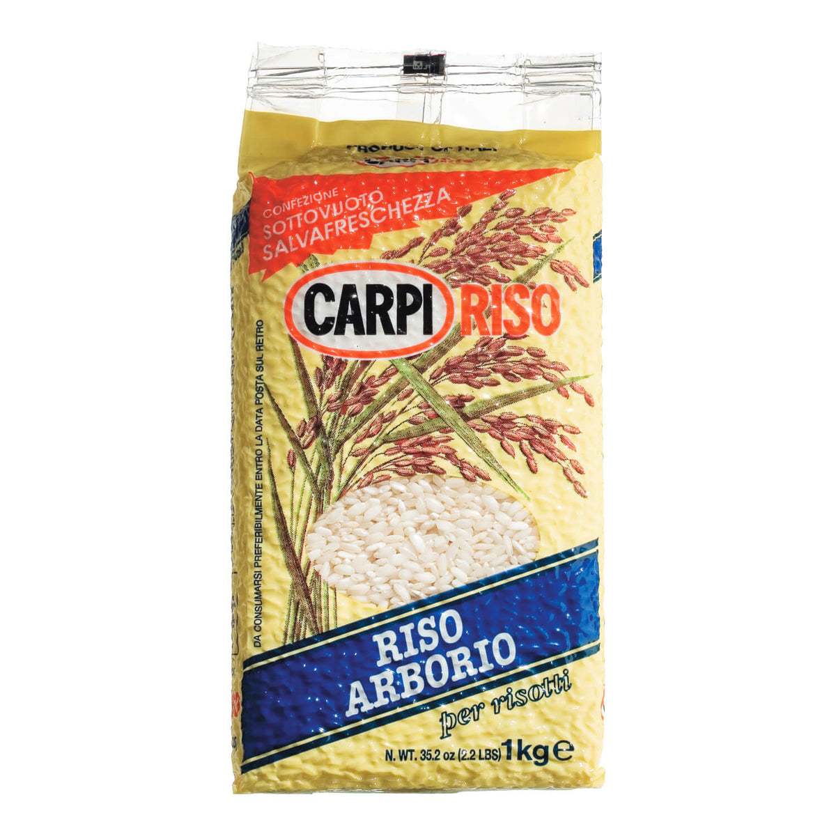Ein 1 kg-Sack Arborio Superfino bißfester Risottoreis von Riseria Modenese S.R.L., mit Reispflanzen auf der Vorderseite.