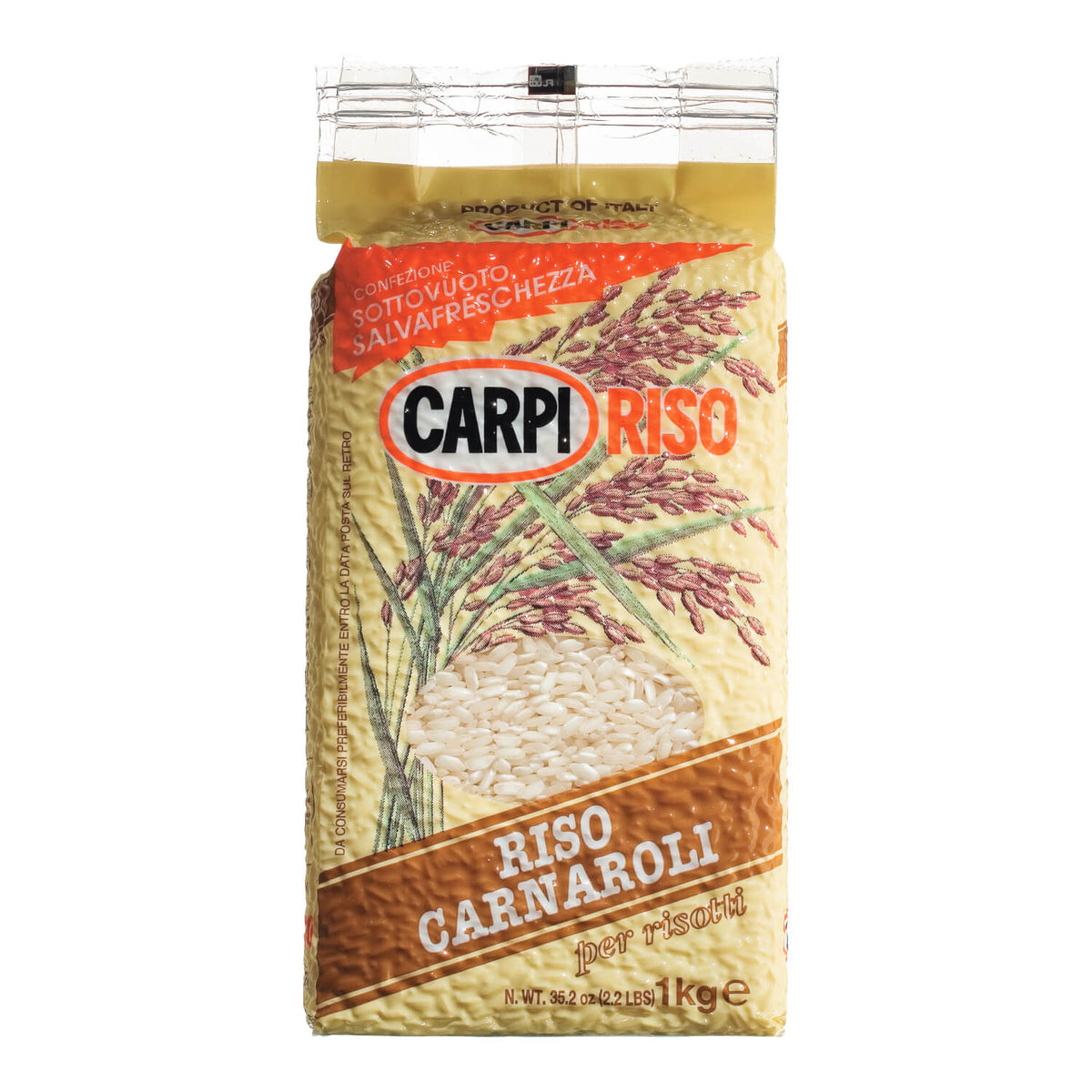 Eine 1 kg-Packung Carnaroli-Reis von Riseria Modenese S.R.L., mit einer Abbildung von Reispflanzen auf der Vorderseite.