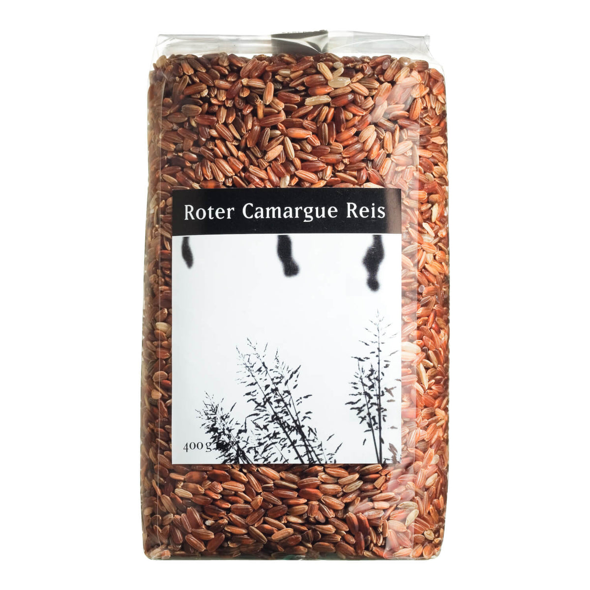 Ein durchsichtiger Plastikbeutel mit Viani & Co. Roter Reis Camargue, 400 g, mit einem weißen Etikett mit schwarzem Text.