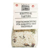 Eine durchsichtige Tüte Casale Paradiso Risotto al tartufo mit Trüffeln verfeinert, 300 g, mit einem cremefarbenen Etikett auf der Oberseite.