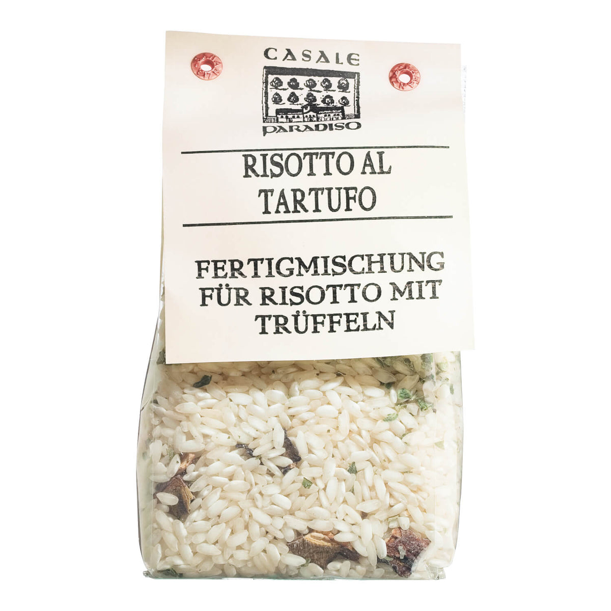 Eine durchsichtige Tüte Casale Paradiso Risotto al tartufo mit Trüffeln verfeinert, 300 g, mit einem cremefarbenen Etikett auf der Oberseite.
