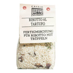 Eine durchsichtige Tüte Casale Paradiso Risotto al tartufo mit Trüffeln verfeinert, 300 g, mit einem cremefarbenen Etikett auf der Oberseite.
